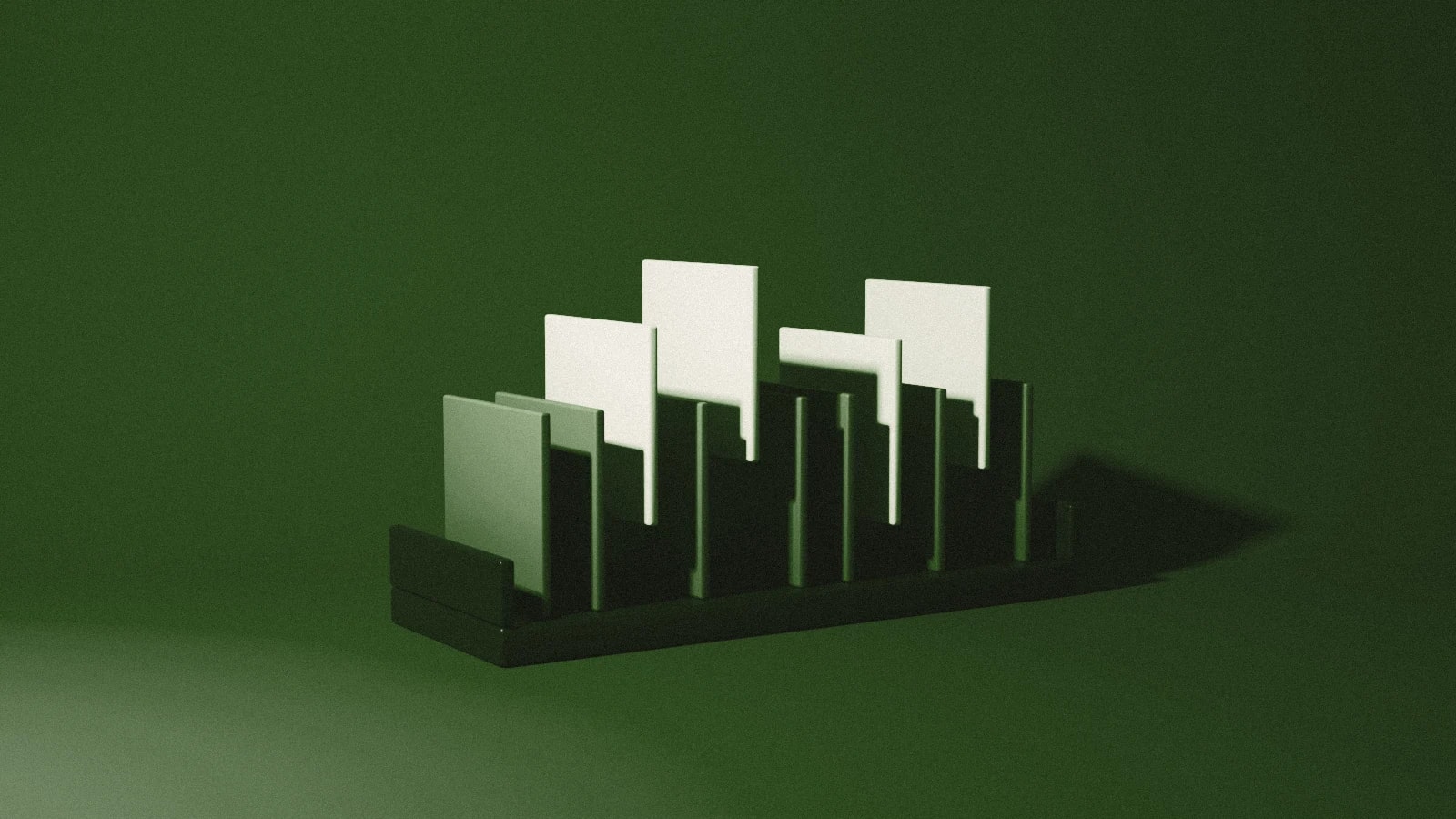 A graphite rack of plates, four lifted in bone